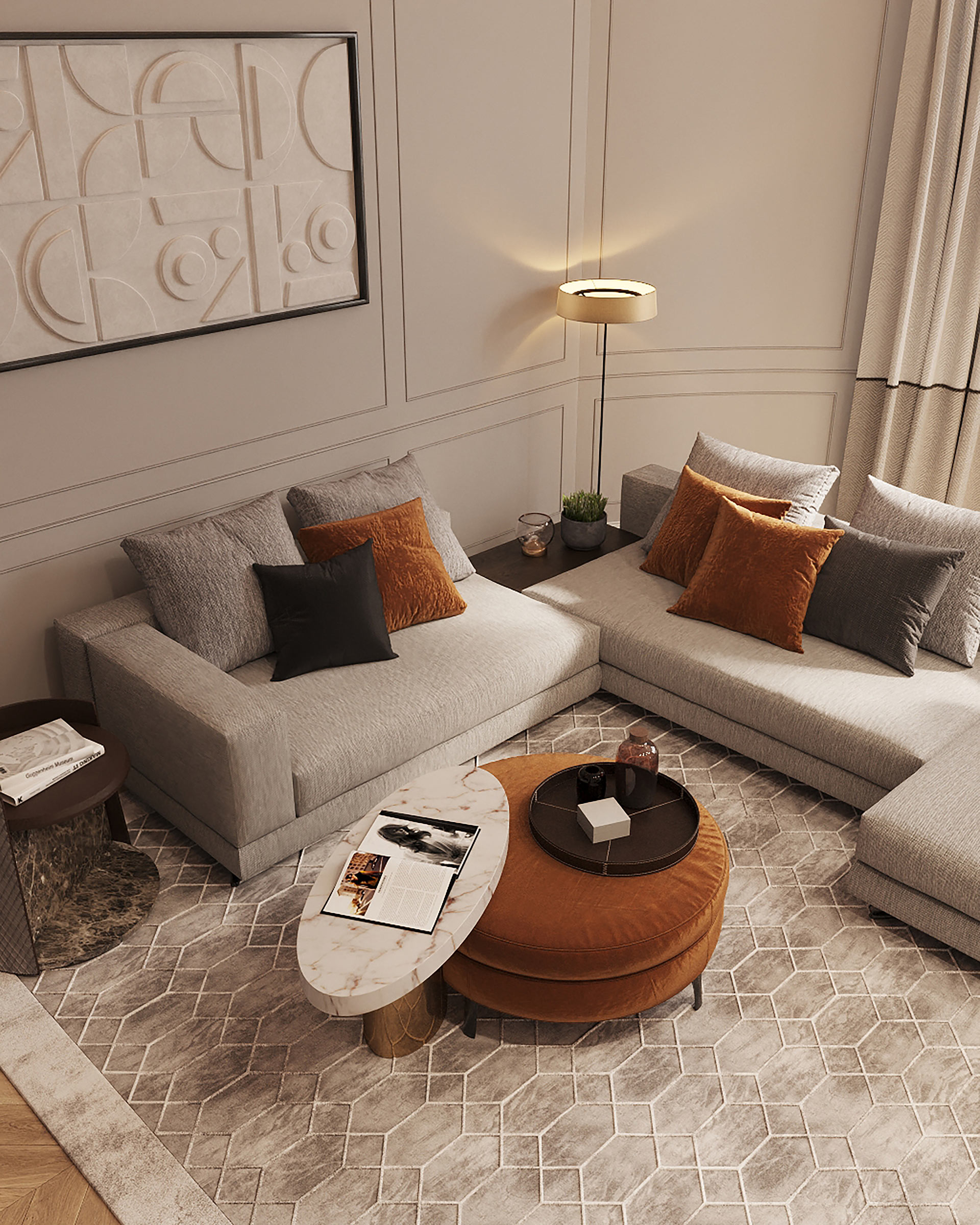 Bedroom detail with linen textures and sculptural lighting