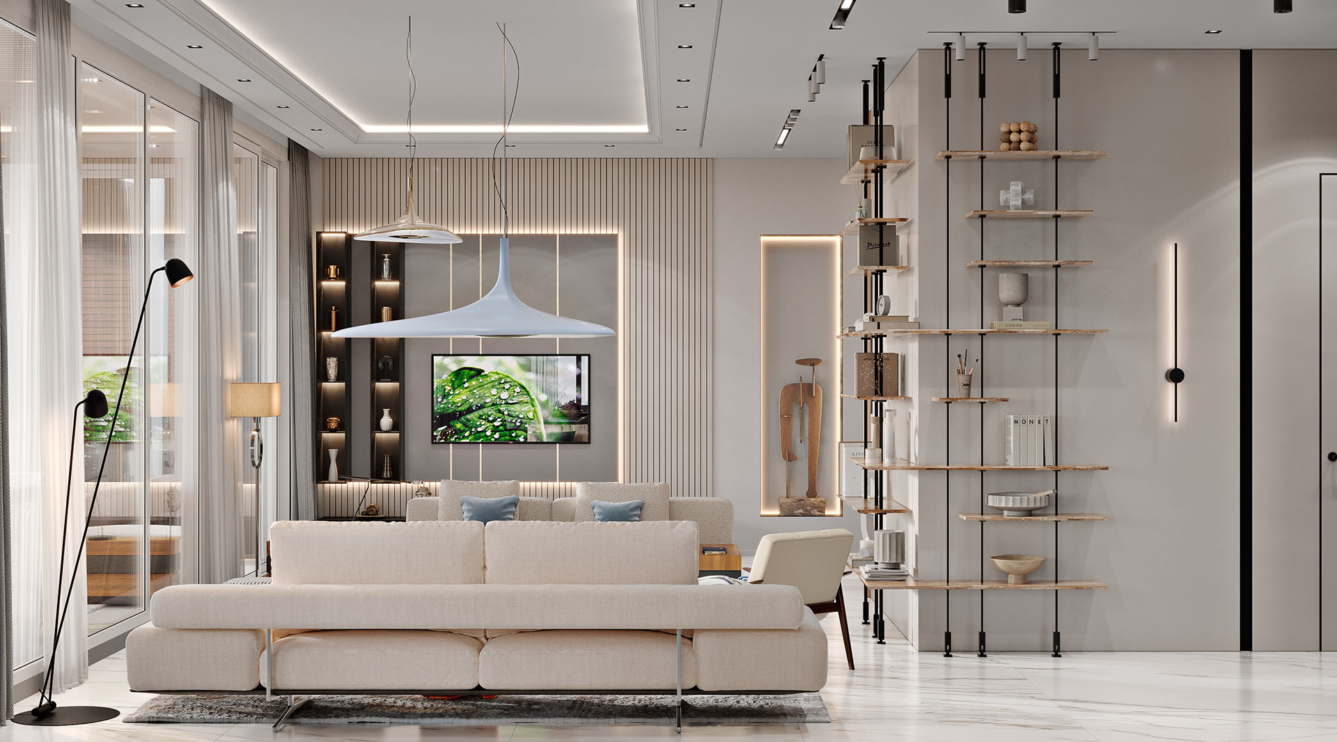 Penthouse living area detail with custom Italian furnishings and ocean views