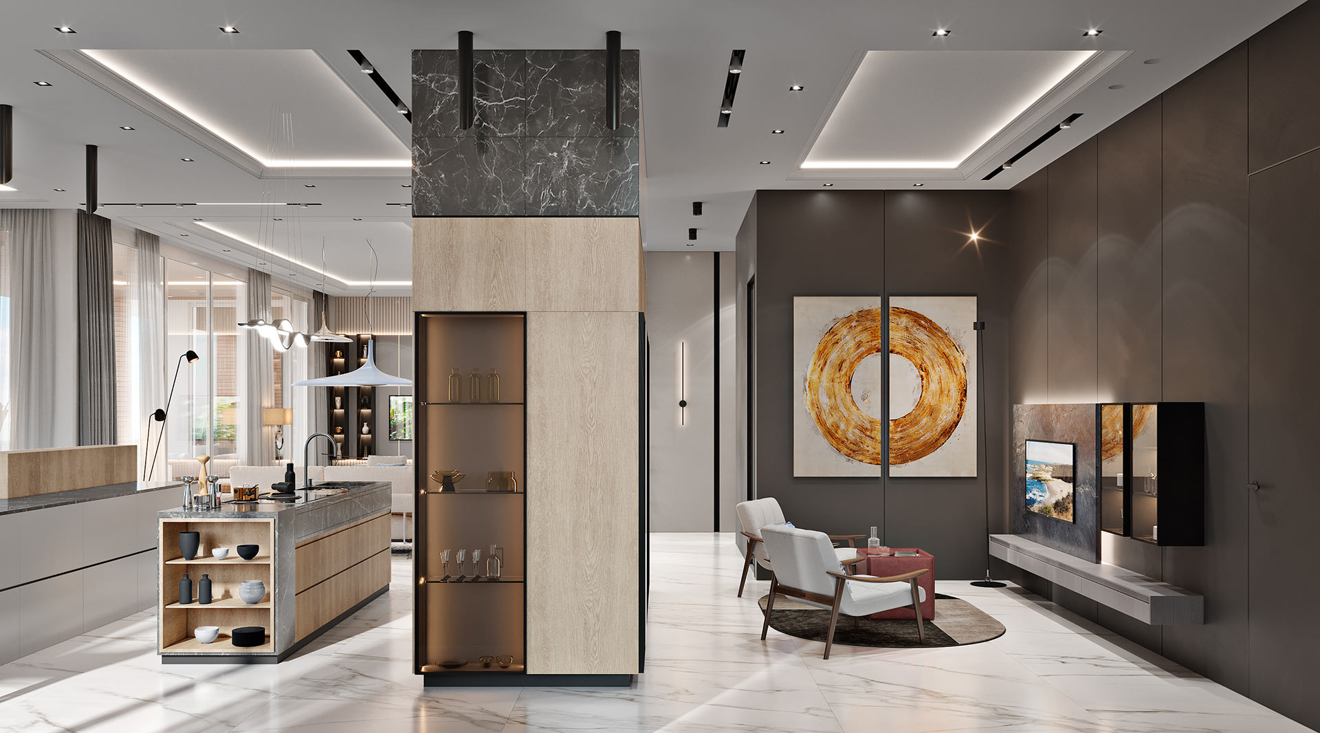 Penthouse bathroom with floor-to-ceiling marble and freestanding soaking tub
