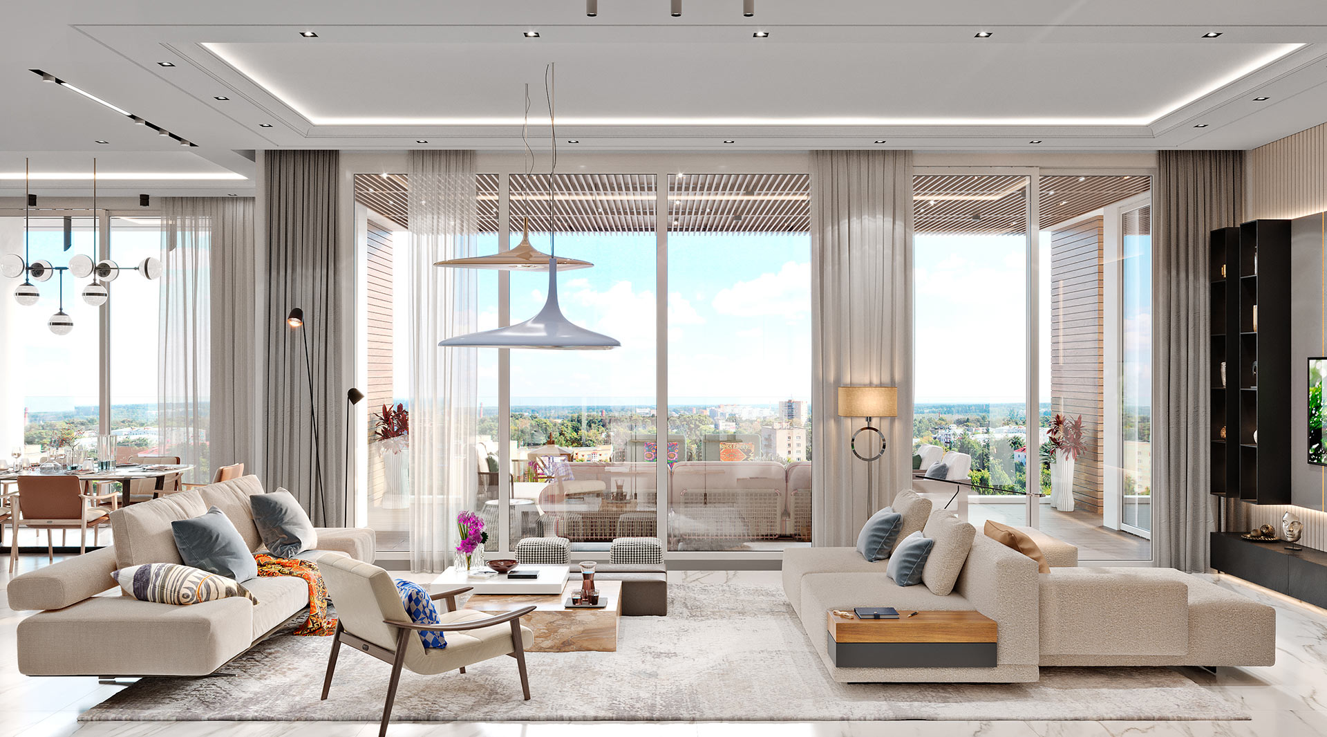 Luxurious penthouse living room with custom marble island and contemporary furnishings