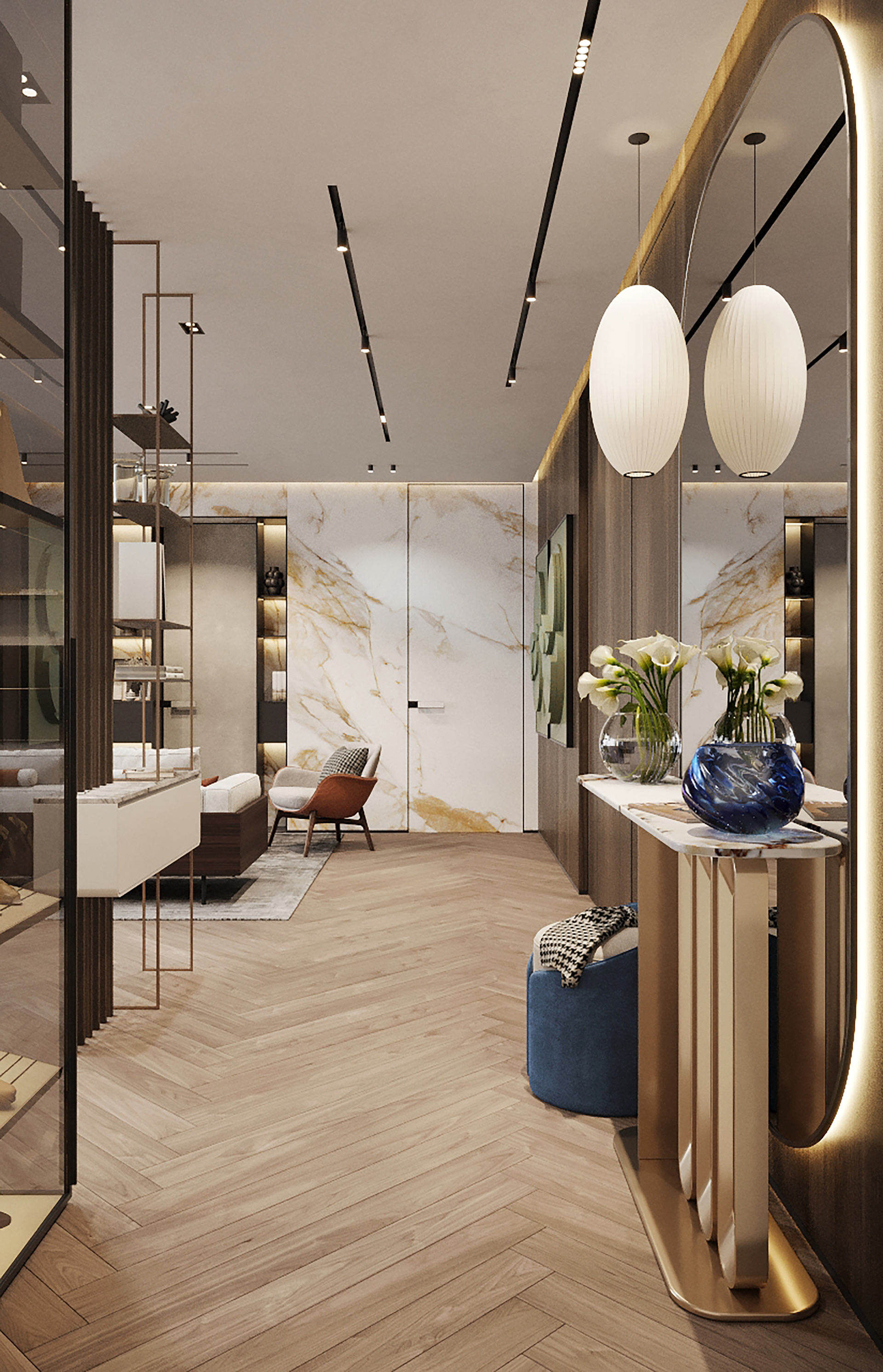 Taryan Tower penthouse bedroom with panoramic city views and minimalist design