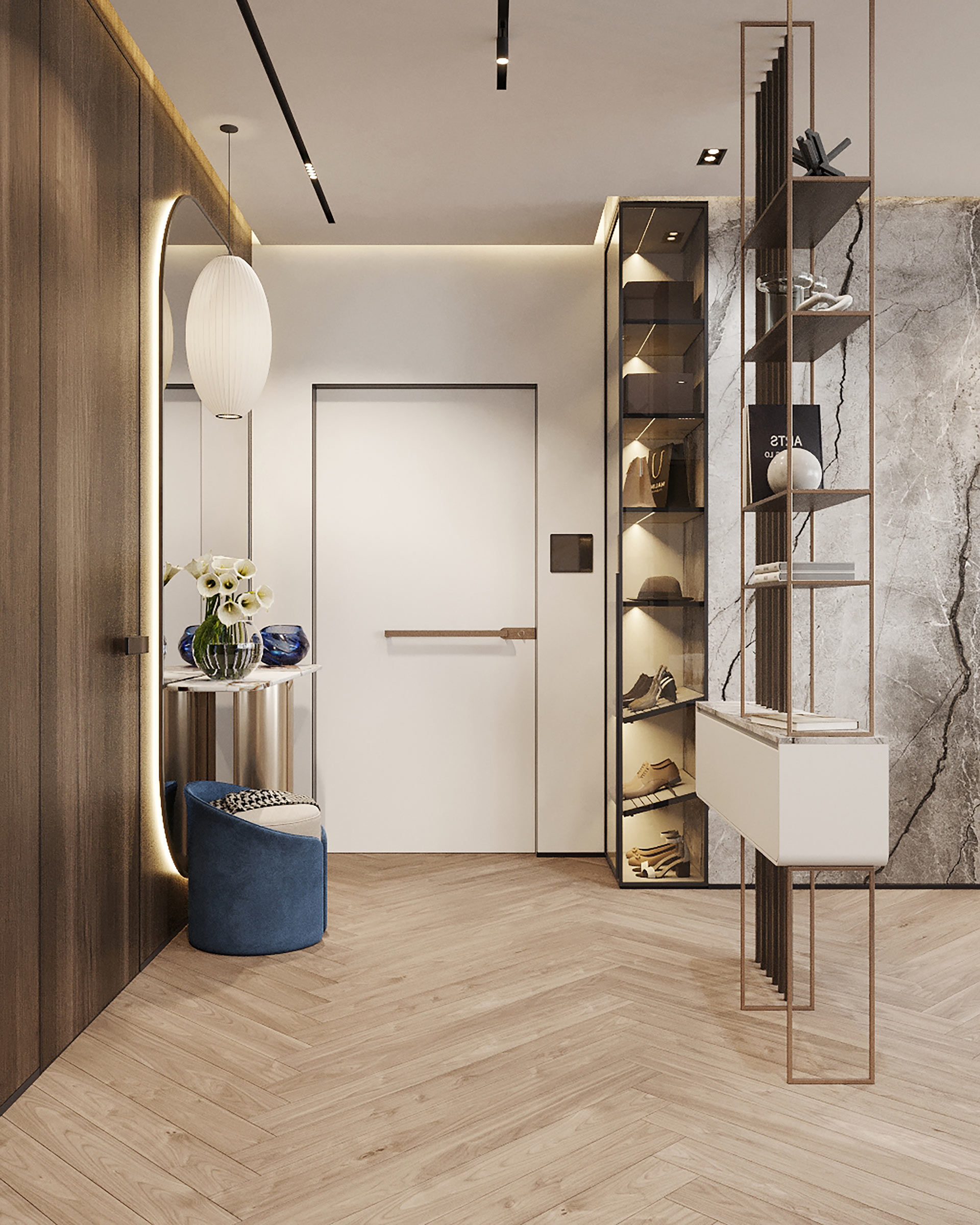 Penthouse terrace with integrated outdoor living and city skyline backdrop