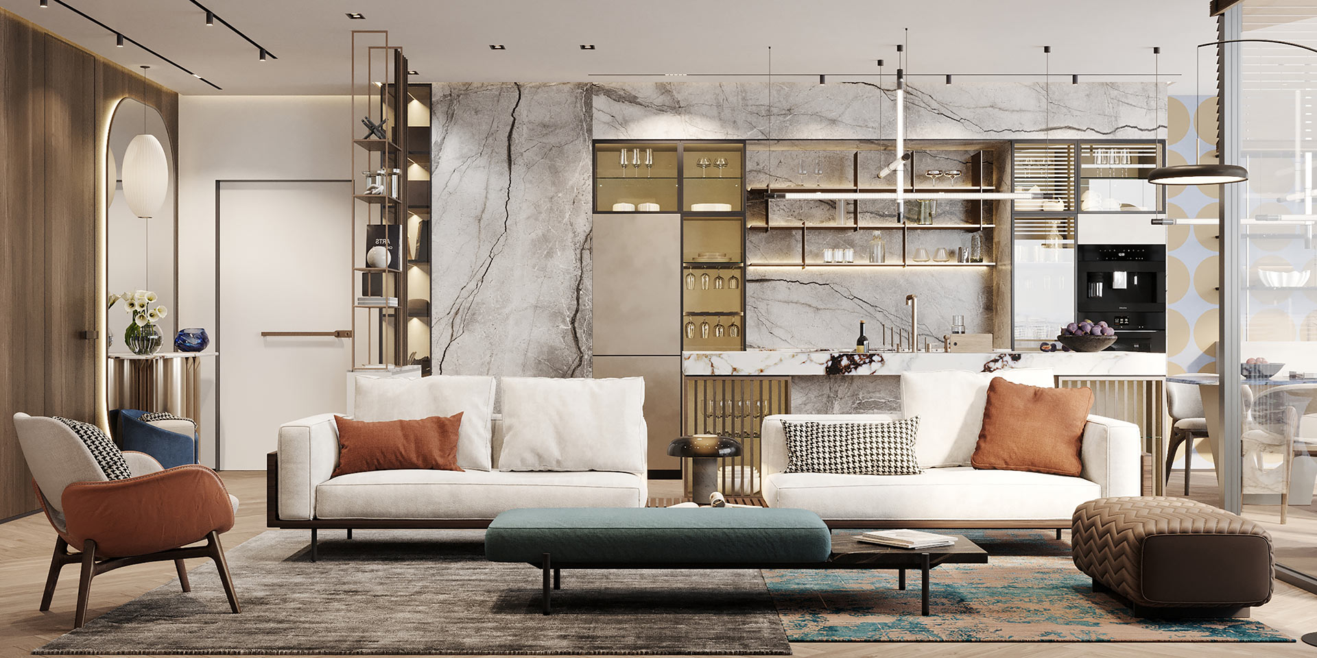 Modern penthouse interior with white marble accents and panoramic city views